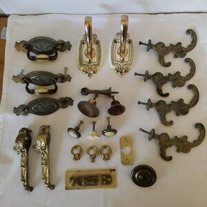 Vintage Brass Decor Hardware Set of 23 Coat Hat Hooks Door Stop Drawer Handles